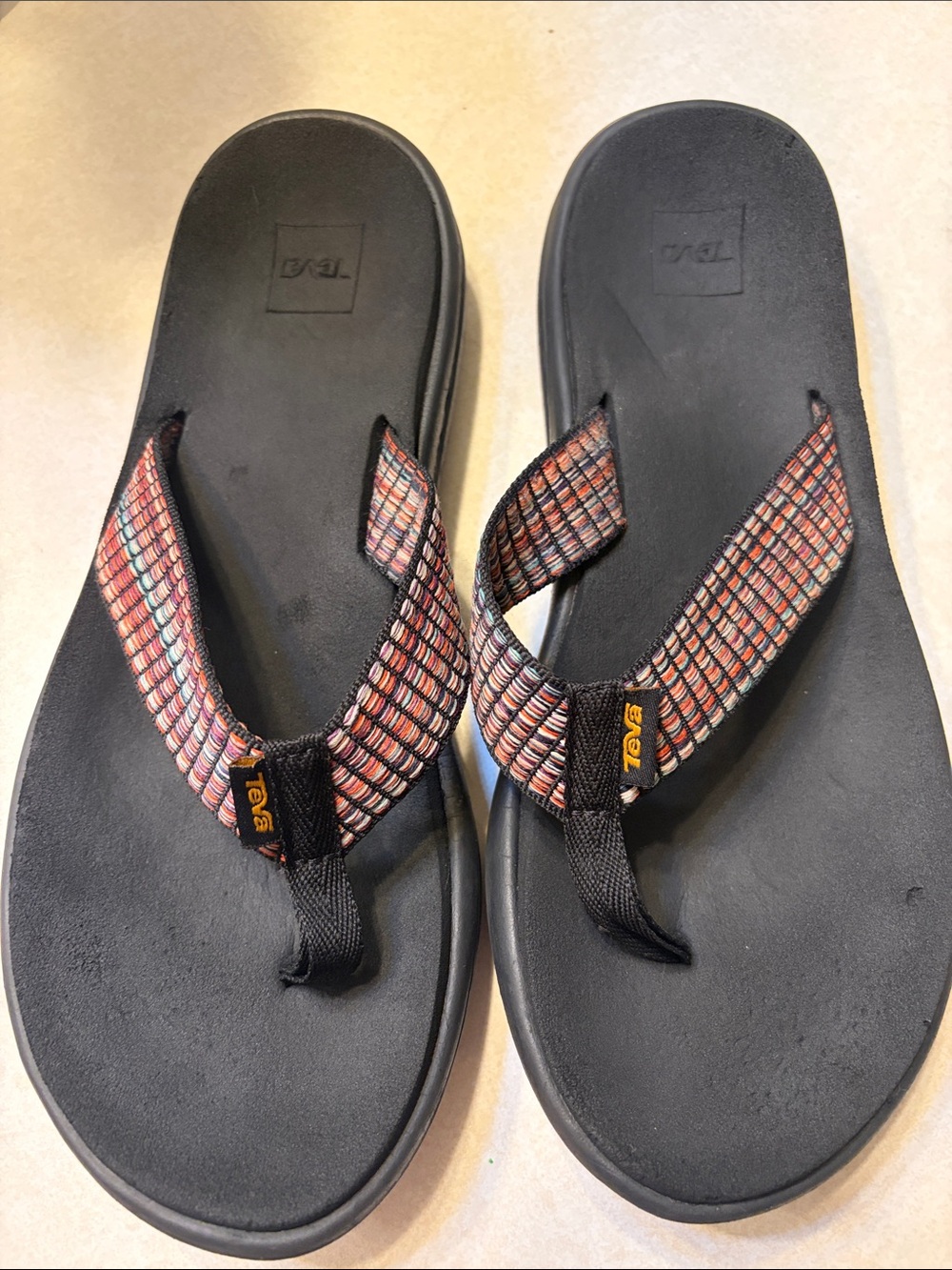 Teva Black Flip-Flops with Red-Tan Woven Straps - Picture 3 of 7